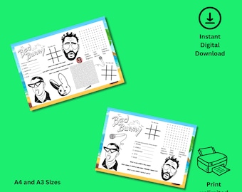 Bad Bunny HBD Feliz Cumpleanos Activity Placemats A4 and A3