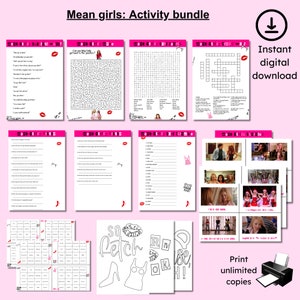 May include: A printable activity bundle featuring the popular movie "Mean Girls". The bundle includes a word search, crossword puzzle, maze, coloring page, and other activities. The activities are printed on white paper with pink accents.