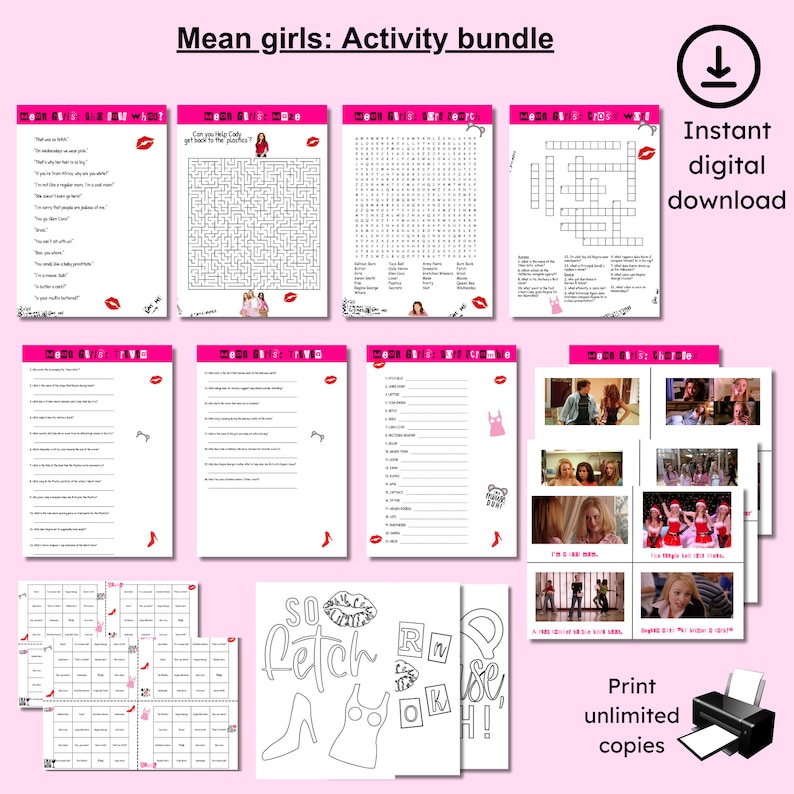 May include: A printable activity bundle featuring the popular movie "Mean Girls". The bundle includes a word search, crossword puzzle, maze, coloring page, and other activities. The activities are printed on white paper with pink accents.
