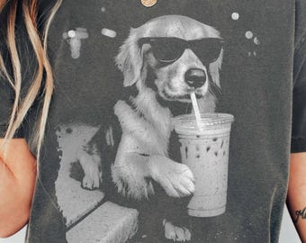 Comfort Colors Golden Retriever Drinking Iced Coffee Shirt, Vintage Dog Sweatshirt, Dog Dad Golden Retriever Tee Dog Lover Shirt Gift