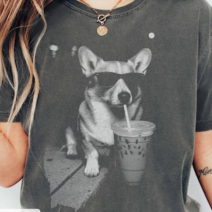 Comfort Colors Corgi Drinking Iced Coffee Shirt, Vintage Dog Sweatshirt, Tricolor Corgi Shirt, Dog Dad Unisex, Dog Lover Shirt Gift image 1