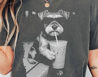 Comfort Colors Funny Schnauzer Drinking Iced Coffee Shirt, Vintage Dog Sweatshirt, Schnauzer Shirt, Dog Dad Unisex, Dog Lover Shirt Gift