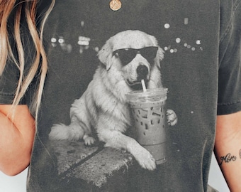Comfort Colors Funny Great Pyrenees Drinking Iced Coffee Shirt, Vintage Dog Sweatshirt, Pyrenees Shirt, Dog Dad Unisex, Dog Lover Shirt Gift