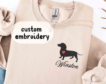 Custom Embroidered Dachshund Sweatshirt, Personalized Pet Name Crewneck, Dachshund Mom Gift for Doxie Lover, Dog Valentine's Sweatshirt