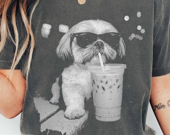 Comfort Colors Funny Shih Tzu Drinking Iced Coffee Shirt, Vintage Dog Sweatshirt, Shih Tzu Shirt, Dog Dad Unisex, Dog Lover Shih Tzu Gift