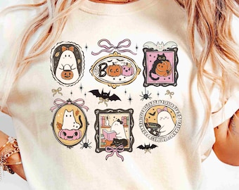 Comfort Colors Halloween Stamp Shirt, Cute Ghost Pumpkin Shirt, Cute Ghost Shirt, Coquette Women's Halloween Shirt Fall Spooky Cat Shirt