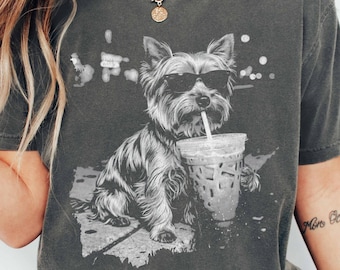 Comfort Colors Yorkie Shirt, Funny Dog Drinking Iced Coffee T-shirt, Vintage Dog Shirt, Dog Dad Unisex Tee, Yorkshire Terrier Lover Gift