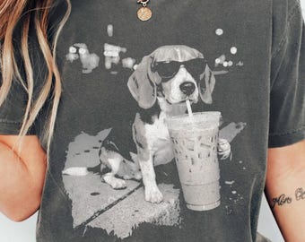 Comfort Colors Beagle Shirt, Funny Dog Drinking Iced Coffee T-shirt, Vintage Dog Shirt, Dog Dad Unisex Tee, Beagle Lover Shirt Gift