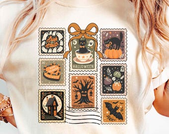 Comfort Colors Halloween Cute Ghost Pumpkin Stamp Shirt, Cute Ghost Shirt, Retro Ghost Tee, Women's Halloween Shirt Fall Spooky Cat Shirt