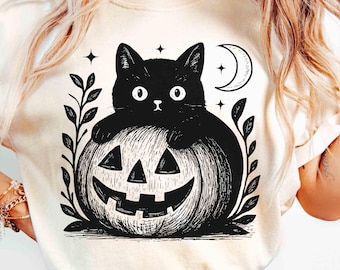 Black Cat Comfort Colors Halloween Cat Shirt, Cat Lover Tshirt, Cute Pumpkin Shirt Gift For Her, Black Cat Mom Cat Mom Fall Things Shirt