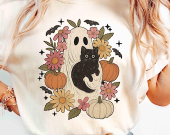 Black Cat Comfort Colors Halloween Cat Shirt, Cat Lover Tshirt, Boho Pumpkin Shirt Gift For Her, Cottagecore Cat Mom Fall Things Shirt