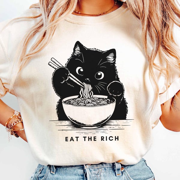 Camiseta Eat The Rich, camiseta política con un lindo gato, camiseta feminista divertida, anticapitalismo, camiseta anti Elon Musk, camiseta Eattherich, camiseta Fuck Trump