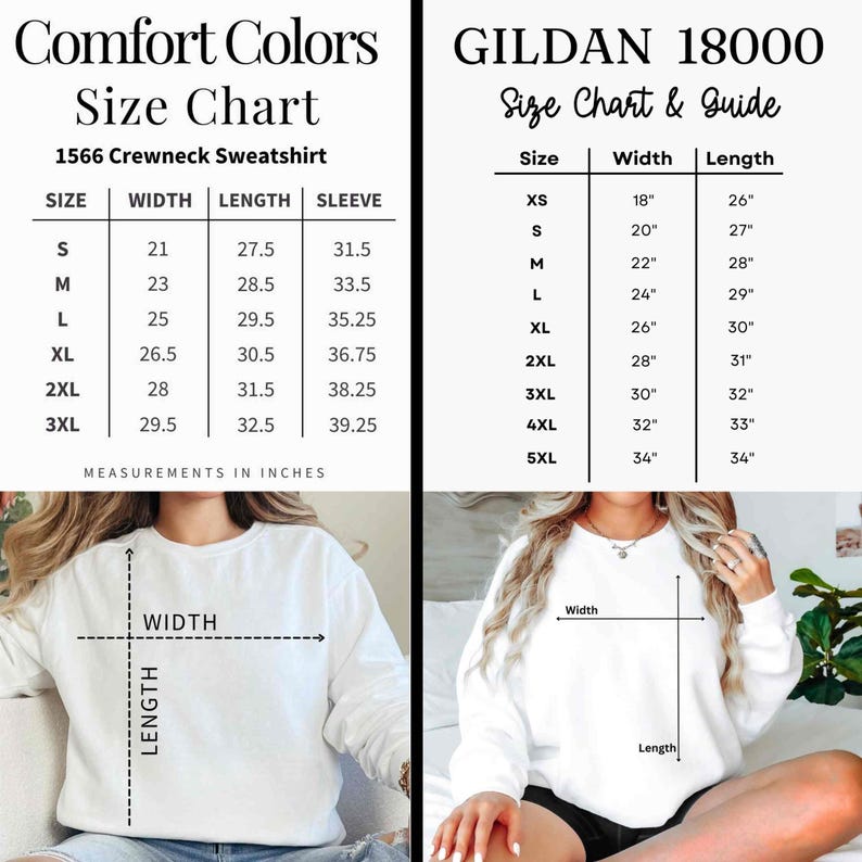 May include: A size chart for Comfort Colors 1566 and Gildan 18000 crewneck sweatshirts. The image displays two tables with width, length, and sleeve measurements in inches, alongside two white sweatshirts with diagrams indicating how to measure.