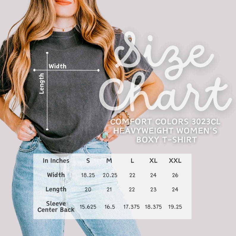 May include: Size chart for a heavyweight women's boxy t-shirt in sizes S, M, L, XL, and XXL. Measurements are given in inches for width, length, sleeve, and center back.