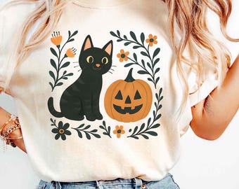 Black Cat Comfort Colors Halloween Cat Shirt, Cat Lover Tshirt, Cute Pumpkin Shirt Gift For Her, Black Cat Mom Cat Mom Fall Things Shirt