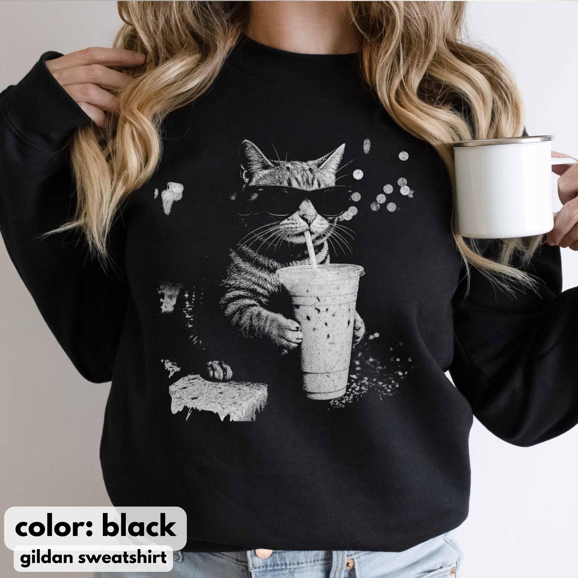 Comfort Colors Funny Cat Drinking Iced Coffee Shirt, Vintage Cat ...