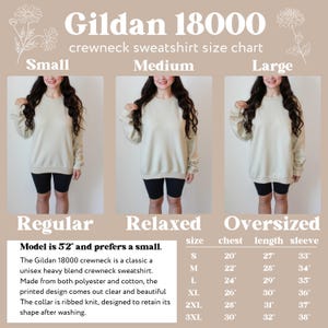 Op de afbeelding: Maattabel voor Gildan 18000 crewneck sweatshirts in regular, relaxed en oversized pasvormen. De tabel toont de maten voor borst, lengte en mouw in inches voor de maten S, M, L, XL, 2XL en 3XL.