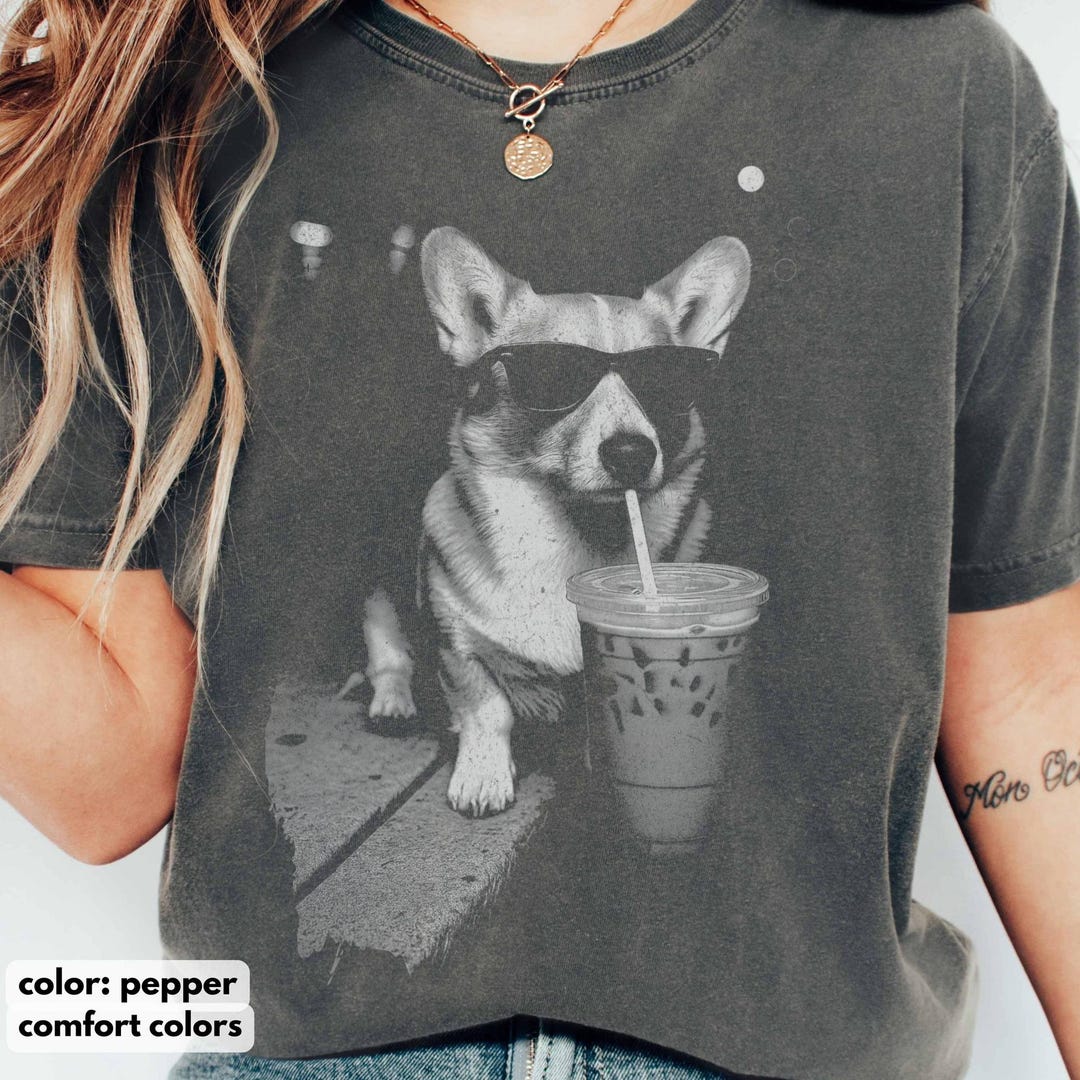Comfort Colors Corgi Drinking Iced Coffee Shirt, Vintage Dog Sweatshirt, Tricolor Corgi Sh