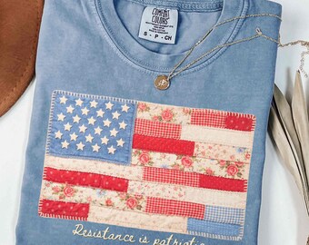 Liberal Patriotic Comfort Colors Retro American Flag Shirt, Faux Patchwork USA Tee, 4th of July Shirt, No Kings Shirt, Fourth of July