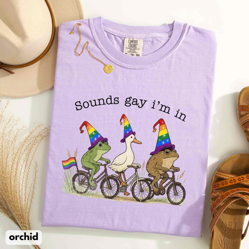 May include: Orchid-colored t-shirt with the text "Sounds gay I'm in." The shirt features a whimsical design of a frog, a duck, and a frog riding bicycles, each wearing a rainbow-colored wizard hat. A rainbow flag is also included in the design.