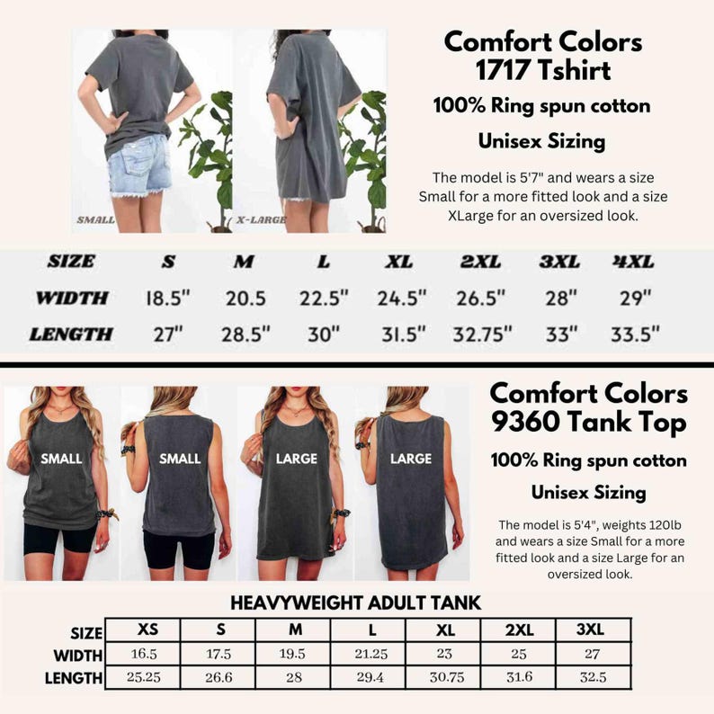 May include: Image showcasing Comfort Colors 1717 T-shirts and 9360 tank tops. The image includes size charts with measurements in inches for various sizes, from XS to 4XL. The text highlights the 100% ring-spun cotton material and unisex sizing.