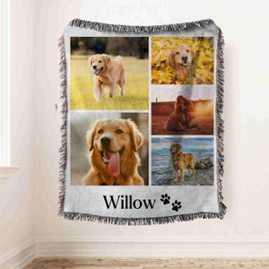 May include: A woven throw blanket with a collage of four photos of golden retrievers. The blanket has a white background with black paw prints and the name "Willow" printed at the bottom.