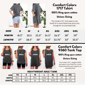 K&ouml;nnte beinhalten: Das Bild zeigt ein Comfort Colors 1717 T-Shirt und ein 9360 Tank Top, beide aus 100 % ringgesponnener Baumwolle. Das Bild enth&auml;lt Gr&ouml;&szlig;entabellen f&uuml;r das T-Shirt und das Tank Top, mit Ma&szlig;en in Zentimetern. Die Gr&ouml;&szlig;en sind unisex.