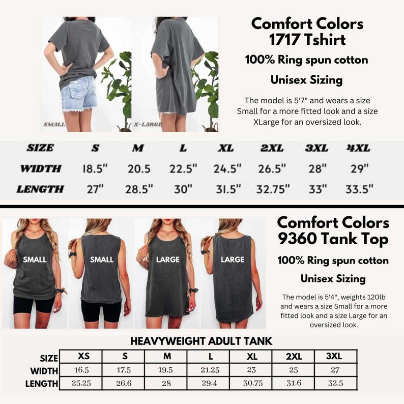 K&ouml;nnte beinhalten: Das Bild zeigt ein Comfort Colors 1717 T-Shirt und ein 9360 Tank Top, beide aus 100 % ringgesponnener Baumwolle. Das Bild enth&auml;lt Gr&ouml;&szlig;entabellen f&uuml;r das T-Shirt und das Tank Top, mit Ma&szlig;en in Zentimetern. Die Gr&ouml;&szlig;en sind unisex.
