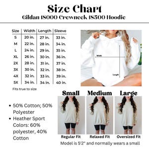 May include: Size chart for a Gildan 18000 Crewneck 18500 Hoodie. The chart shows the width, length, and sleeve length in inches for sizes S through 5X. The chart also shows a model wearing the hoodie in sizes small, medium, and large. The hoodie is described as 50% cotton and 50% polyester. Heather sport colors are 60% polyester and 40% cotton.