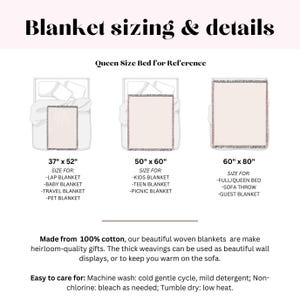 May include: A graphic showing three different sizes of blankets on a queen-sized bed. The sizes are 37" x 52", 50" x 60", and 60" x 80". Each size is labeled with suggested uses, such as lap blanket, baby blanket, kids blanket, teen blanket, picnic blanket, full/queen bed, sofa throw, and guest blanket. The text "Made from 100% cotton, our beautiful woven blankets are make heirloom-quality gifts. The thick weavings can be used as beautiful wall displays, or to keep you warm on the sofa." is below the graphic. The text "Easy to care for: Machine wash: cold gentle cycle, mild detergent; Non-chlorine: bleach as needed; Tumble dry: low heat." is below the text about the blankets.