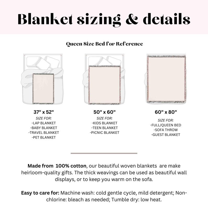 May include: A graphic showing three different sizes of blankets on a queen-sized bed. The sizes are 37" x 52", 50" x 60", and 60" x 80". Each size is labeled with suggested uses, such as lap blanket, baby blanket, kids blanket, teen blanket, picnic blanket, full/queen bed, sofa throw, and guest blanket. The text "Made from 100% cotton, our beautiful woven blankets are make heirloom-quality gifts. The thick weavings can be used as beautiful wall displays, or to keep you warm on the sofa." is below the graphic. The text "Easy to care for: Machine wash: cold gentle cycle, mild detergent; Non-chlorine: bleach as needed; Tumble dry: low heat." is below the text about the blankets.