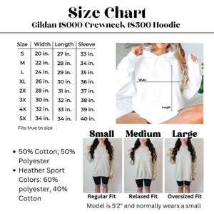 May include: Size chart for Gildan 18000 Crewneck 18500 Hoodie. The chart shows the width, length, and sleeve length in inches for sizes S through 5X. The chart also shows three models wearing the hoodie in different sizes: small, medium, and large. The text below the chart says "50% Cotton; 50% Polyester" and "Heather Sport Colors: 60% polyester, 40% Cotton".