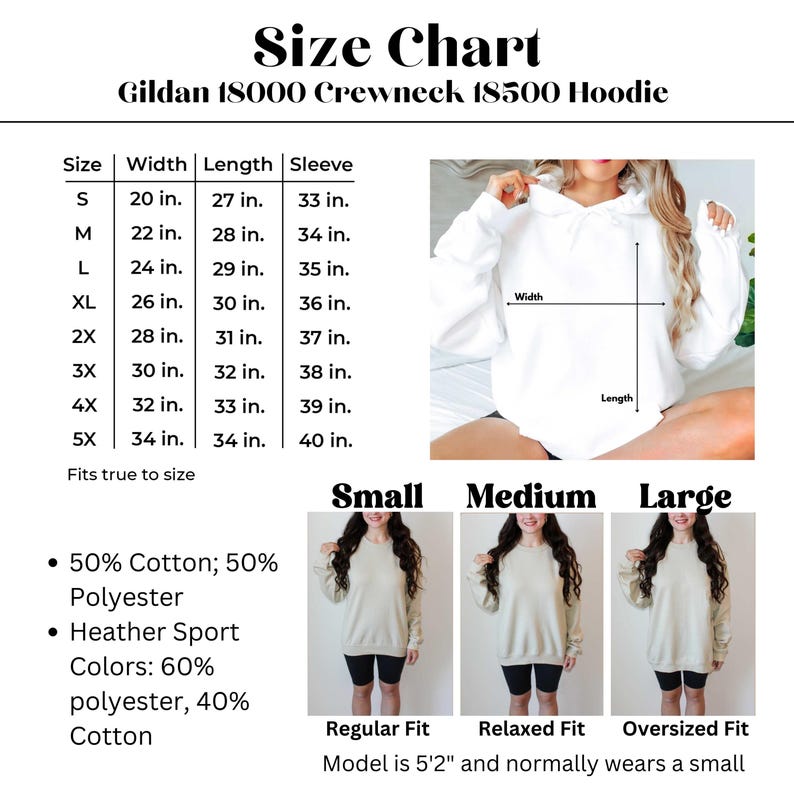 May include: Size chart for Gildan 18000 Crewneck 18500 Hoodie. The chart shows the width, length, and sleeve length in inches for sizes S through 5X. The chart also shows three models wearing the hoodie in different sizes: small, medium, and large. The text below the chart says "50% Cotton; 50% Polyester" and "Heather Sport Colors: 60% polyester, 40% Cotton".