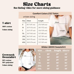 May include: Size charts for Comfort Colors 1717 T-shirt and Gildan 18000 Sweatshirt. The charts show unisex sizing in inches and centimeters for the t-shirt and inches for the sweatshirt.
