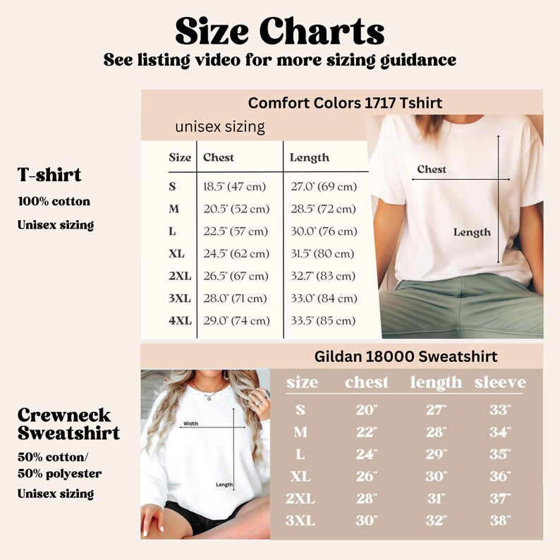 May include: Size charts for Comfort Colors 1717 T-shirt and Gildan 18000 Sweatshirt. The charts show unisex sizing in inches and centimeters for the t-shirt and inches for the sweatshirt.