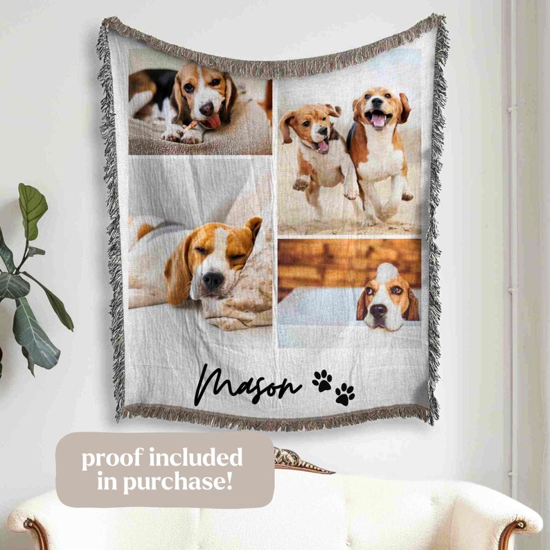 May include: A personalized woven throw blanket with a collage of four photos of a beagle dog. The blanket has a fringe border and the name "Mason" and paw prints are printed in black at the bottom.
