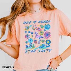 May include: Peach colored t-shirt with a graphic design of a flamingo, flowers, a seashell, sunglasses, and a sun. The text "Gulf of Mexico" and "Stay Salty" are printed on the shirt.