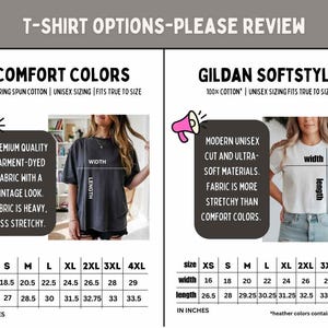 Pode incluir: Imagem mostrando op&ccedil;&otilde;es de camisetas, incluindo Comfort Colors e Gildan Softstyle. As Comfort Colors s&atilde;o tingidas com um visual vintage, enquanto a Gildan Softstyle oferece um corte unissex moderno. Tabelas de tamanhos em polegadas s&atilde;o fornecidas.