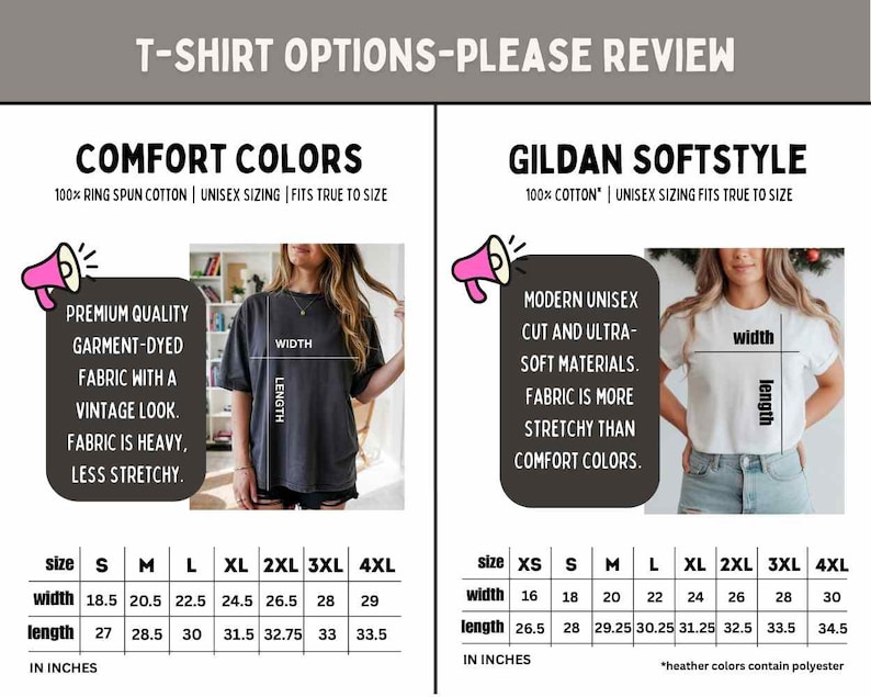 Pode incluir: Imagem mostrando op&ccedil;&otilde;es de camisetas, incluindo Comfort Colors e Gildan Softstyle. As Comfort Colors s&atilde;o tingidas com um visual vintage, enquanto a Gildan Softstyle oferece um corte unissex moderno. Tabelas de tamanhos em polegadas s&atilde;o fornecidas.