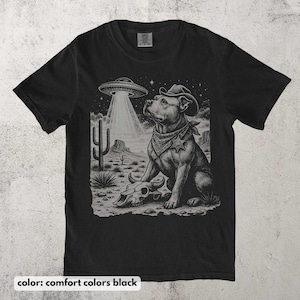 以下が含まれることがあります： 黒いTシャツ。カウボーイハットとバンダナをつけた犬がUFOを見上げているグラフィック。デザインには、頭蓋骨とサボテンのある砂漠の風景が含まれています。「color: comfort colors black」の文字が下にあります。