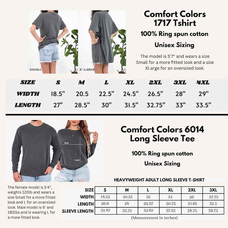 Pu&ograve; includere: Immagine che mostra le tabelle delle taglie per le t-shirt Comfort Colors 1717 e le maniche lunghe 6014. Le tabelle includono misure in pollici per larghezza, lunghezza e lunghezza delle maniche, con taglie dalla S alla 4XL. Le magliette sono in 100% cotone ring-spun e taglie unisex.