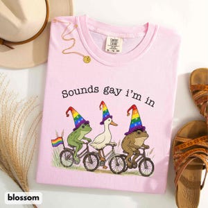 May include: A light pink t-shirt with the text "Sounds gay i'm in" and a graphic of three animals riding bicycles, each wearing a rainbow-colored hat. The animals are a green frog, a white duck, and a brown frog. A rainbow flag is also present.