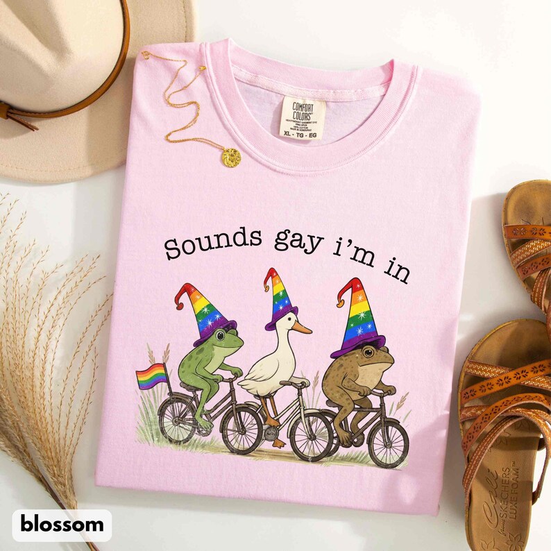 May include: A light pink t-shirt with the text "Sounds gay i'm in" and a graphic of three animals riding bicycles, each wearing a rainbow-colored hat. The animals are a green frog, a white duck, and a brown frog. A rainbow flag is also present.