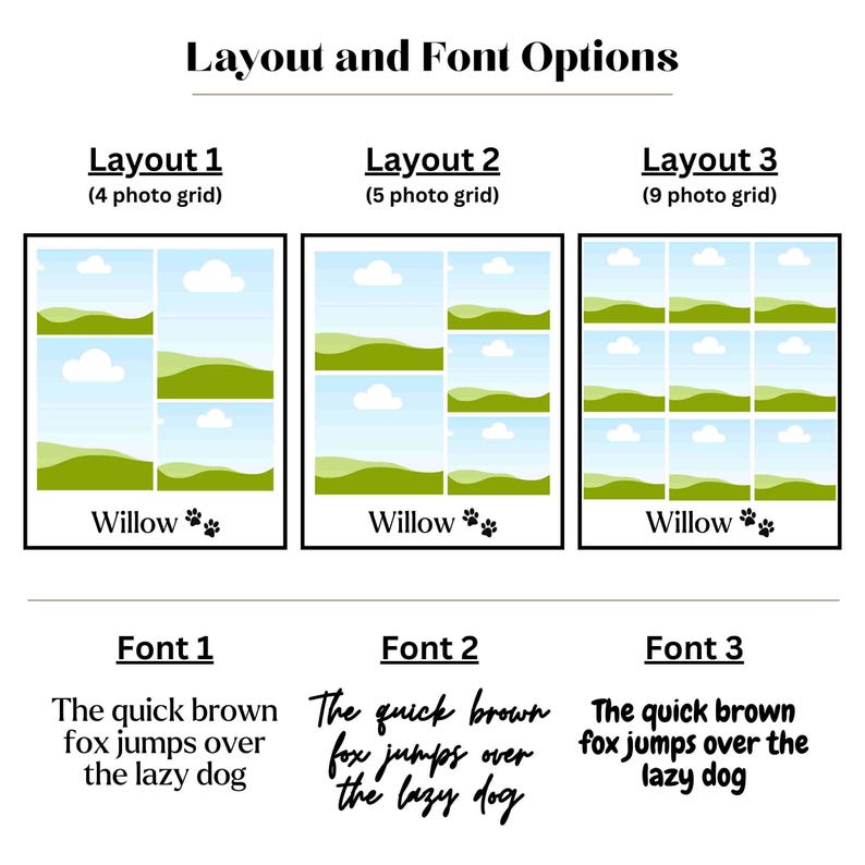 May include: A graphic showing three different photo layouts for a pet photo collage. The layouts are labeled Layout 1, Layout 2, and Layout 3. Each layout shows a different number of photos in a grid format. The layouts are labeled with the number of photos in each grid. The text "Willow" appears below each layout. Below the layouts are three different font options for the text "The quick brown fox jumps over the lazy dog". The fonts are labeled Font 1, Font 2, and Font 3.