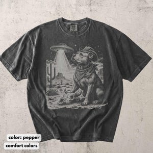 以下が含まれることがあります： コショウ色のTシャツ。カウボーイハットとバンダナを身に着けた犬のグラフィックが特徴で、UFOが砂漠のシーンに光を当てています。犬は頭蓋骨の近くに座っています。「color: pepper」と「comfort colors」の文字が下にあります。