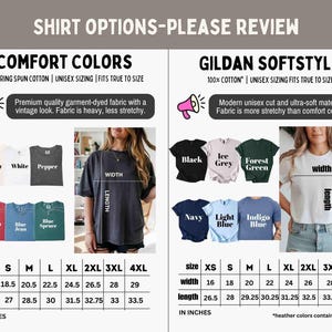 Op de afbeelding: Afbeelding met shirtopties en maattabellen. De "Comfort Colors" shirts zijn verkrijgbaar in ivoor, wit, peper, karmozijn, spijkerbroekblauw en blauwe spar. De "Gildan Softstyle" shirts zijn er in zwart, ijsgrijs, bosgroen, marine, lichtblauw en indigoblauw.