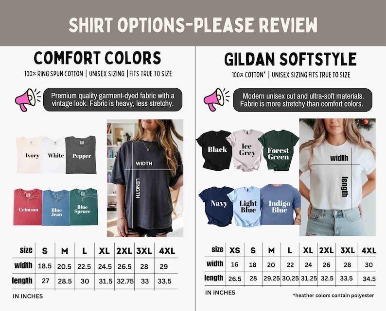 Op de afbeelding: Afbeelding met shirtopties en maattabellen. De "Comfort Colors" shirts zijn verkrijgbaar in ivoor, wit, peper, karmozijn, spijkerbroekblauw en blauwe spar. De "Gildan Softstyle" shirts zijn er in zwart, ijsgrijs, bosgroen, marine, lichtblauw en indigoblauw.
