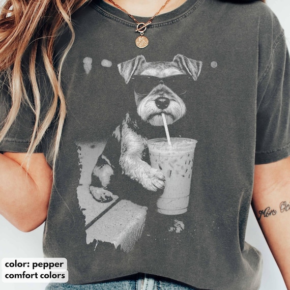Comfort Colors Funny Schnauzer Drinking Iced Coffee Shirt, Vintage Dog Sweatshirt, Schnauzer Shirt, Dog Dad Unisex, Dog Lover Shirt Gift