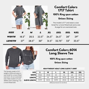Puede incluir: La imagen muestra tablas de tallas para camisetas Comfort Colors 1717 y camisetas de manga larga 6014. Las tablas proporcionan medidas en pulgadas para el ancho, el largo y el largo de la manga, con detalles de tallas unisex.
