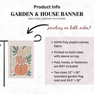 May include: A garden and house banner featuring a stacked pumpkin design in orange, peach, and cream colors, with green leaves and white flowers. The banner is printed on both sides and is available in two sizes: 12" x 18" and 24.5" x 32".